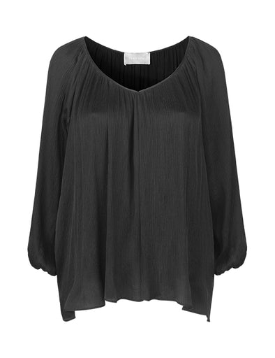 Shop plus size women´s black silk blouses with V-neck and long sleeves at INAN ISIK. Our collection is produced sustainable and ethically. 